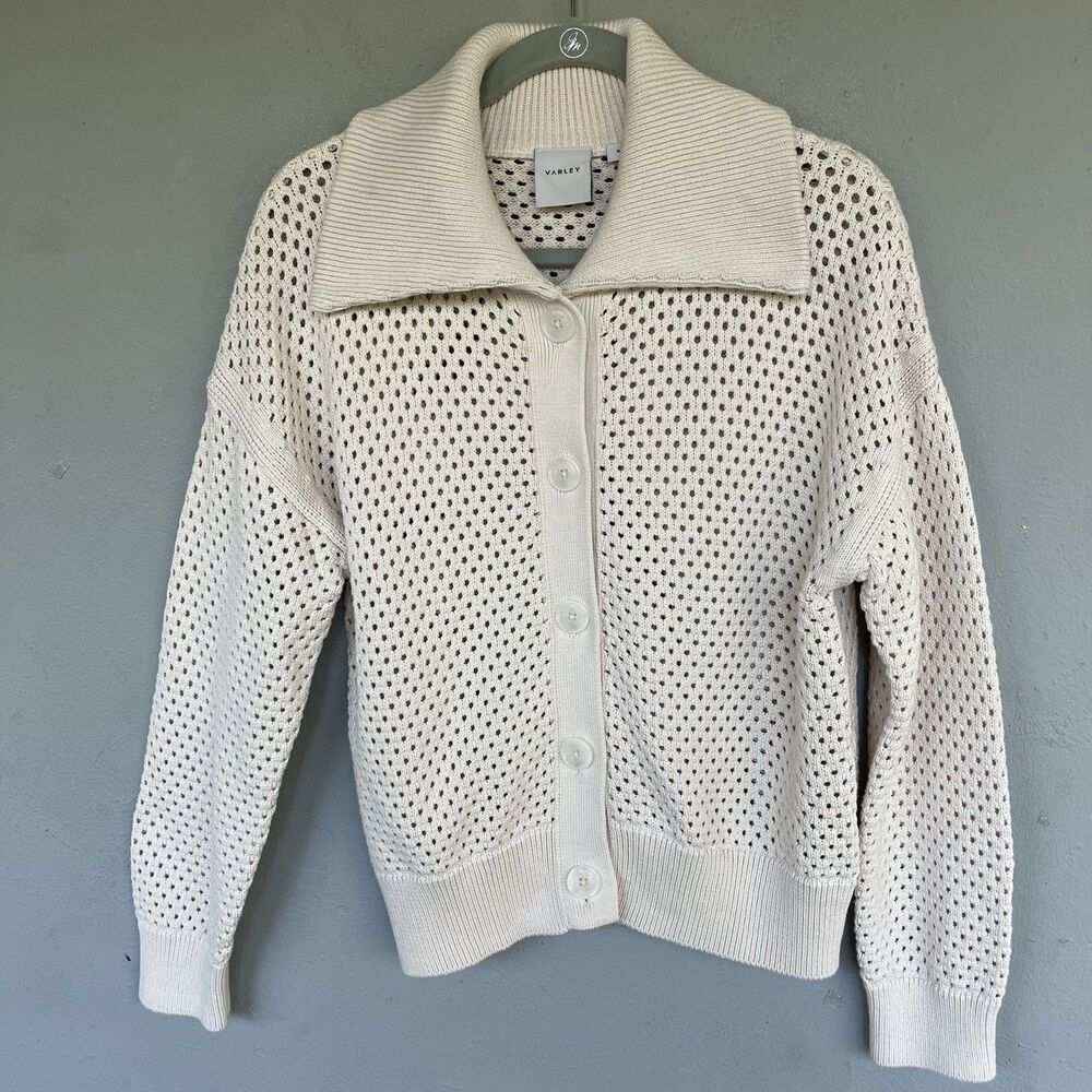 Varley Kris Crochet Cardigan Jacket S Beige Cotton Boxy Open Knit Button down
